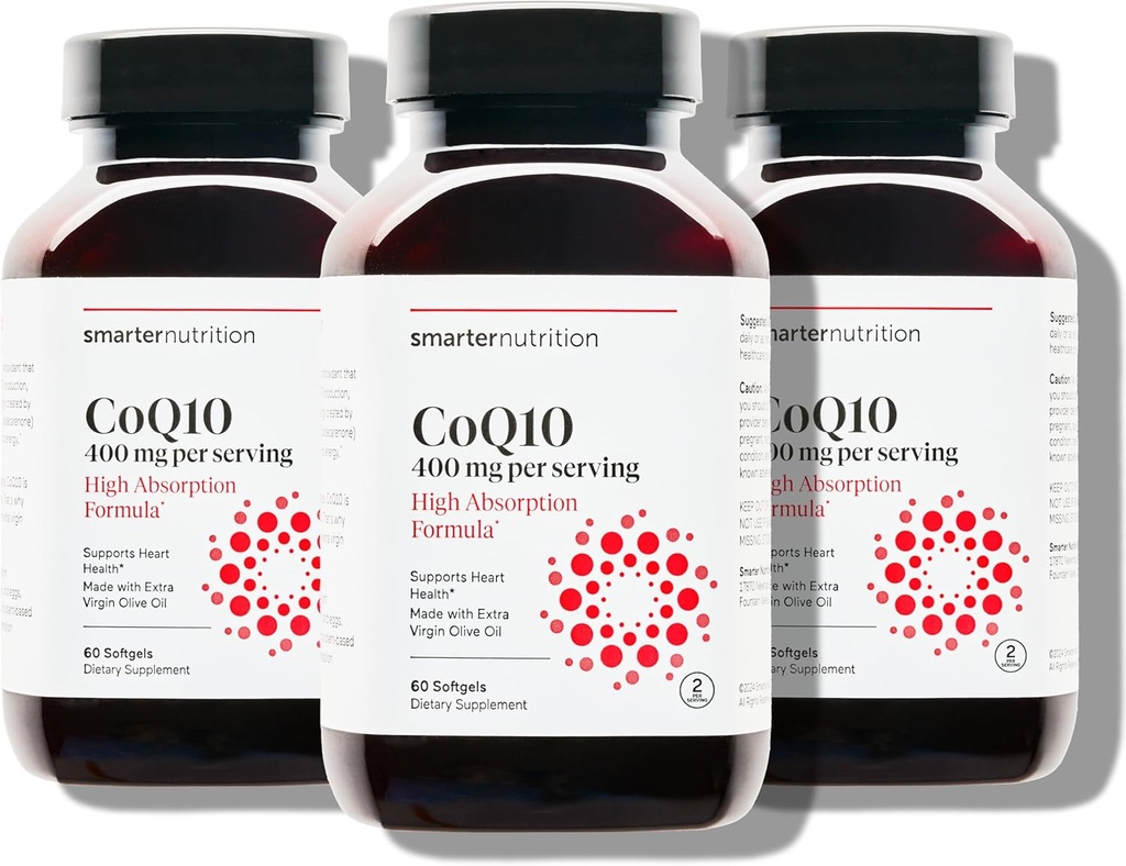 SMARTERNUTRITION CoQ10 400 mg Hohe Absorption - Natürlich gefruchtet Ubichinon w/Organic kaltgepresstes Olivenöl - für Herzgesundheit, Zellenergie - Non-GMO, Glutenfrei - 180 Count[90-Day Supply]