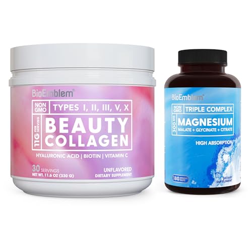 BioEmblem Beauty Collagen Hydrolyzed Multi-Collagen Peptides & Triple Magnesium Complex 180 Capsules