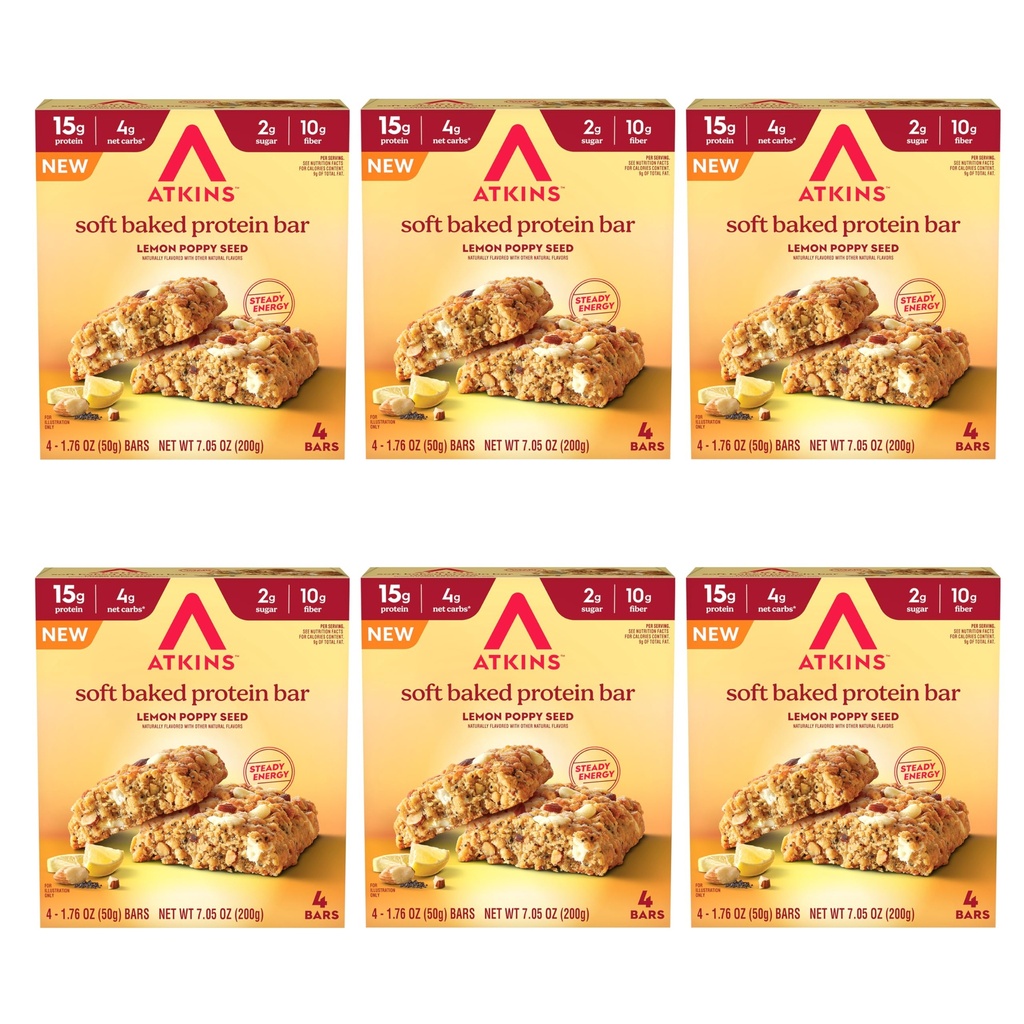 Atkins Soft Baked High Protein Bars, Lemon Poppy Seed Flavor, 15g Protein, 4g Net Carbs, 2g Sugar, Keto Snacks, Low Sugar Bars, High Fiber Snacks, 6 pack (4 bars each)