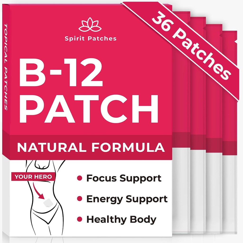 B12 Patches (Pack von 36) - 100% Natürliche Vitamin-Patches für Damen, Energie, Fokus & Body Support, Selbstklebende transparente Patches - Erweiterte Formel