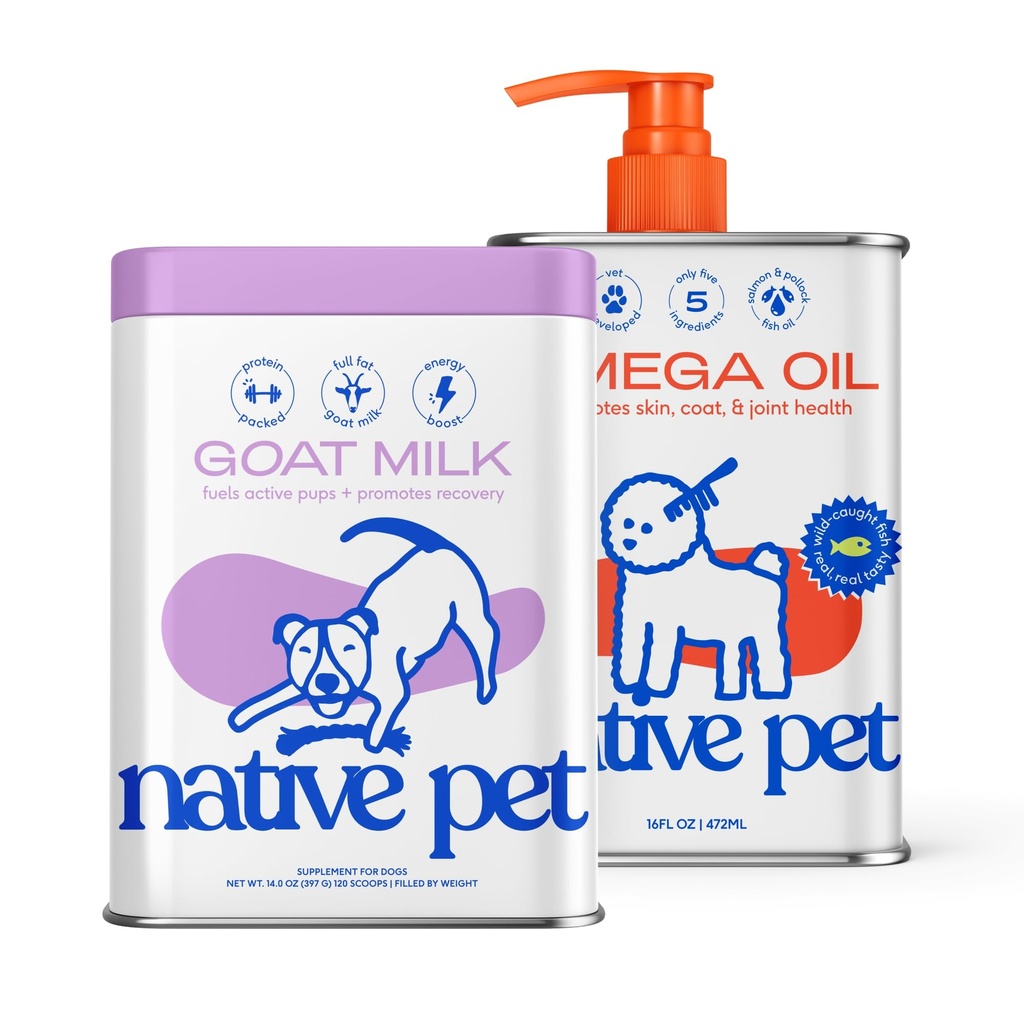 Native Pet Goat Milk Powder for Dogs (120 Scoops) & Omega 3 Fish Oil (16 Oz.) - Organic Goat Milk Great Dog Food Additive for a Healthy Digestive System & Omega 3 Fish Oil