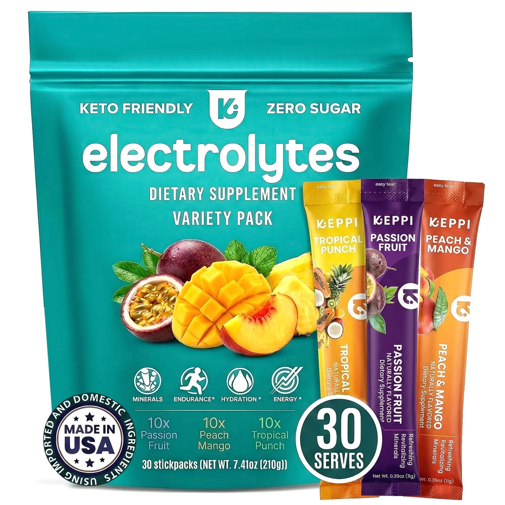 Keppi Electrolytes Powder Packets Tropical Variety 30 Servings – Zero Sugar Hydration Supplement with Potassium, Magnesium, Sodium – Keto, Vegan, Fasting-Friendly, Zero Calorie, Sugar Free