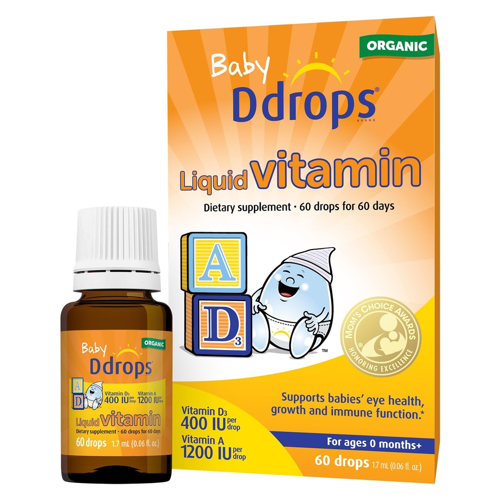 Ddrops® Baby Organic Liquid Vitamins A&D Drops for Infants, 60 Drops. Supports Babies’ Eye Health, Bone Development and Immune Function. Certified Organic, Non-GMOs, Allergy-Friendly