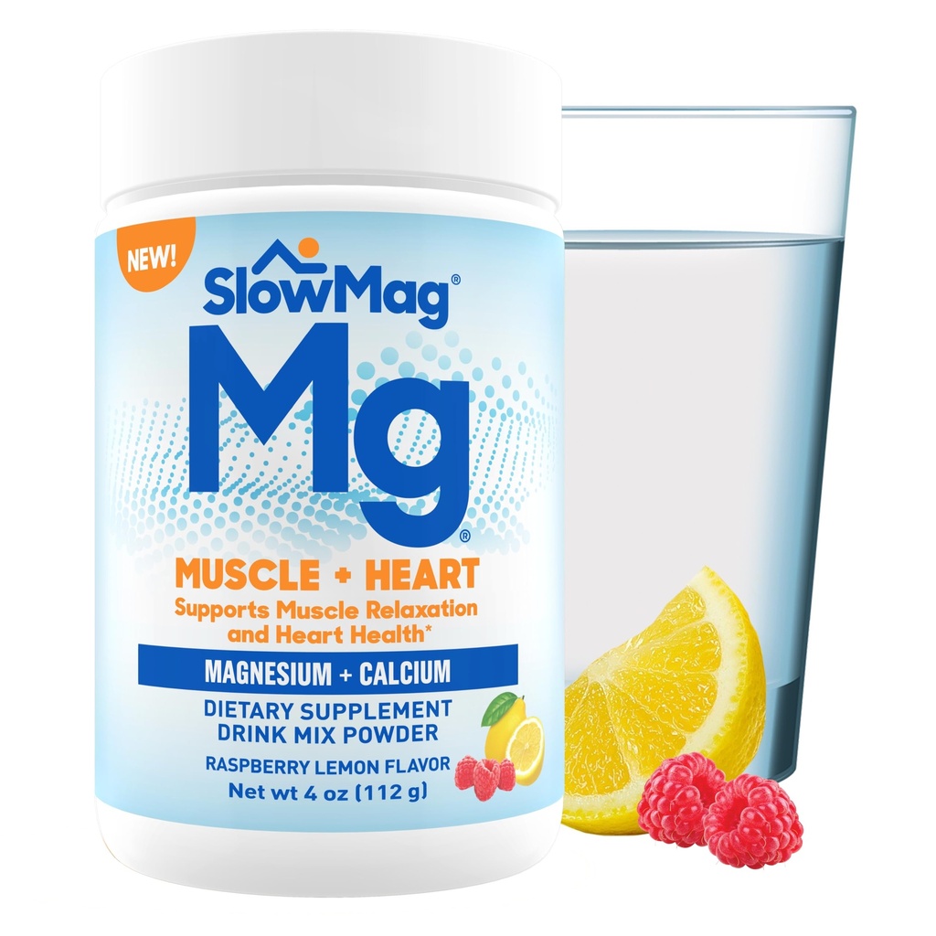 SlowMag® Magnesium-Pulver, Magnesium + Calcium-Zusatz-Getränk-Mischung, Himbeere Zitronen-Flaschen, unterstützt Muskel-Entspannung & Herz-Gesundheit, 4oz