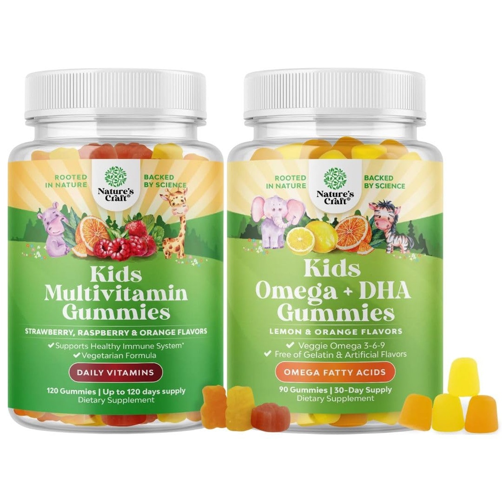 Bundle of Plant Based Kids Multivitamin Gummies with Vitamins A C D3 E B Zinc and DHA Omega 3 Gummies with Vegetarian 6 9 for Vision Brain Immunity Support Non-GMO Gluten Free Gelatin Free Supplement