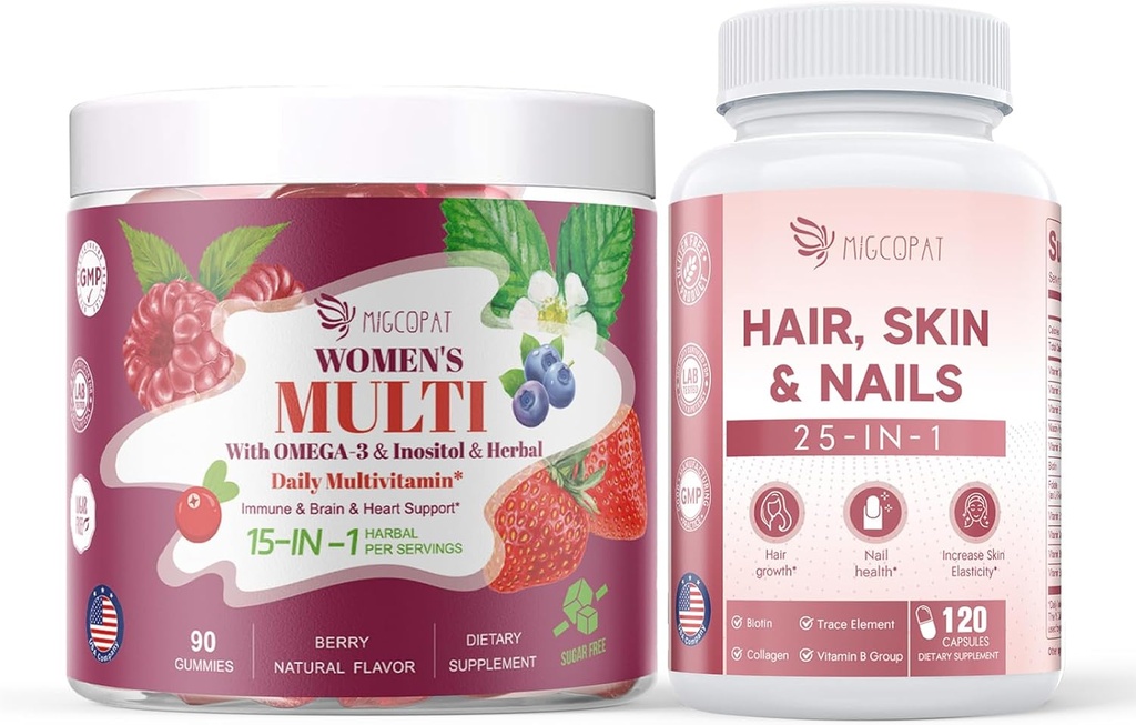 Frauen Multivitamin Gummie & Haare, Haut & Nägel Supplement Bundle, Gehirn & Herz Unterstützung, Gut & Verdauung, Haarwachstum, Hautgesundheit, Nagelfestigkeit