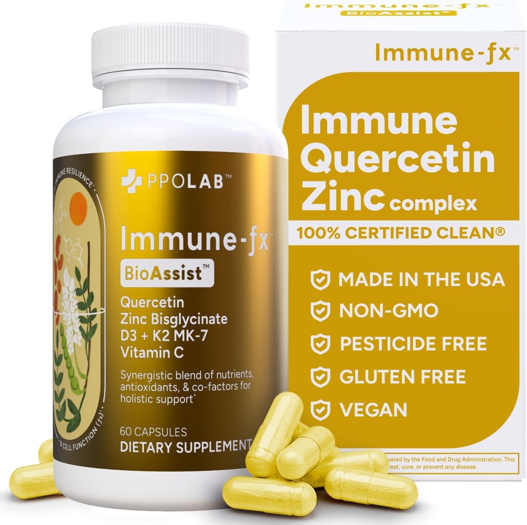 Immun-fxTM Advanced Chelat Zinc Ionophore Immununterstützung & Allergy Health Supplement, Quercetin 500mg, Antioxidans Vitamin C, D3, K2 MK7, fördert DNA, Herz, Lung, Sinus Health, 60 Vegan Kapseln