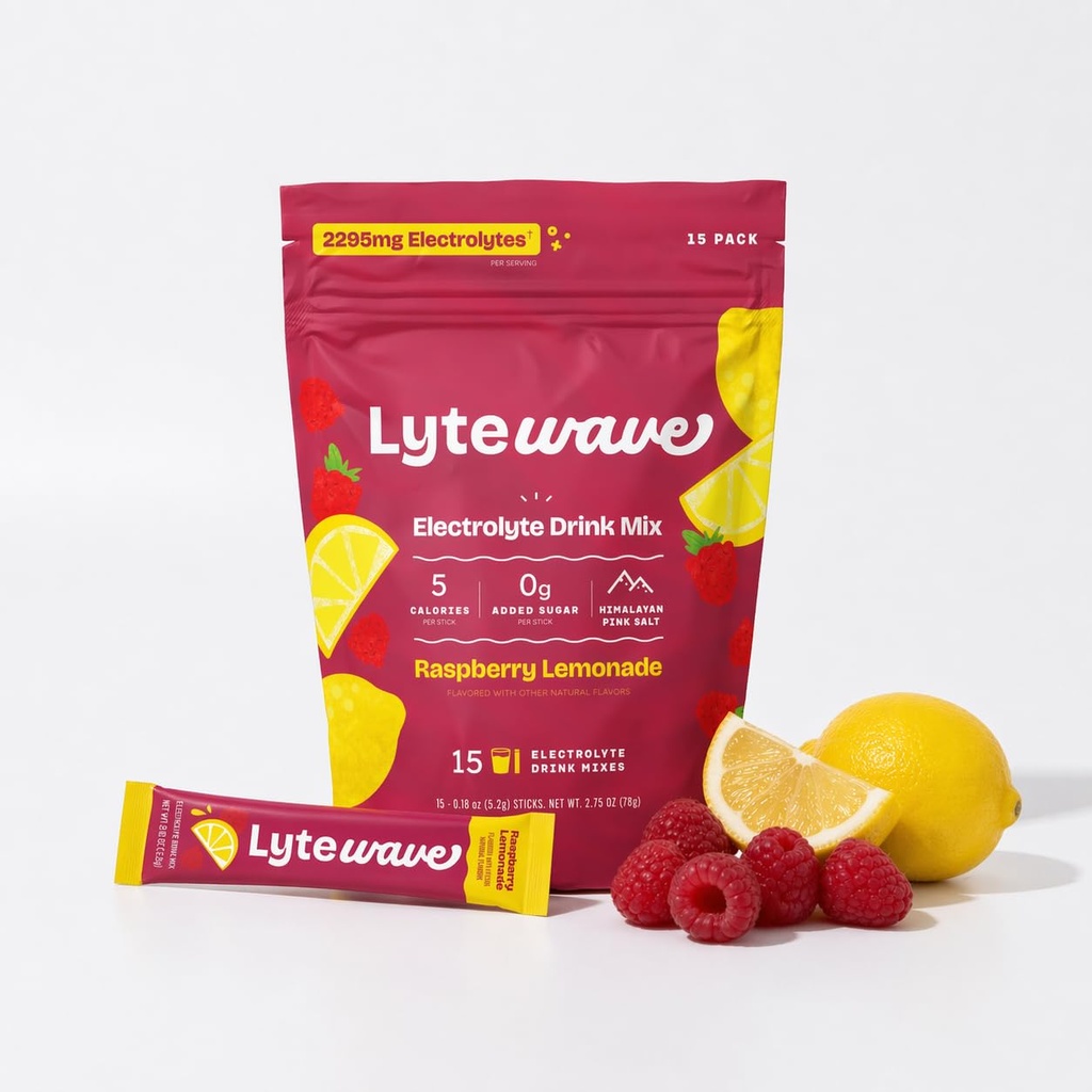 Lytewave Electrolytes Powder Packets, Optimal Daily Hydration with Pink Himalayan Salt, Refresh and Replenish with 0g Added Sugar, Sweetened with Stevia (15 Sticks, Raspberry Lemonade)