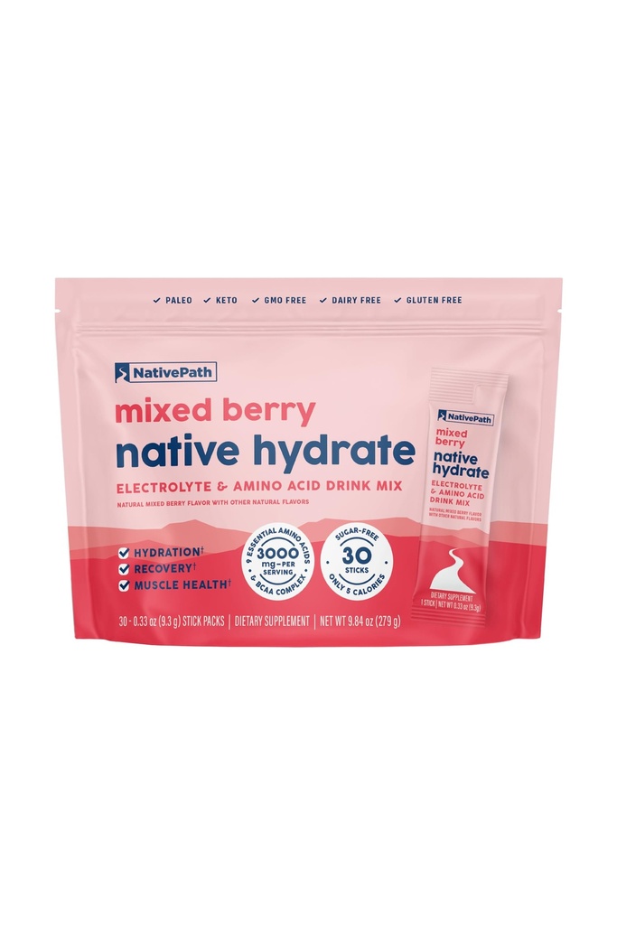 NativePath Hydrate Stick Packs, Sugar Free Electrolytes Powder with BCAAs, Mixed Berry Hydration, Keto & Paleo Friendly, 30 Servings