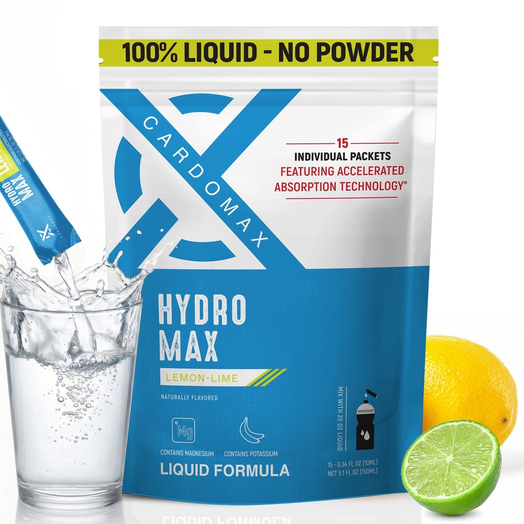 CardoMax Hydration Packets - Hydromax Electrolyte Drink Mix Packets with Sodium, Magnesium, & Potassium - Vegan & Keto-Friendly, Electrolyte Drink Mix - 15 Liquid Hydration Sticks, Lemon-Lime