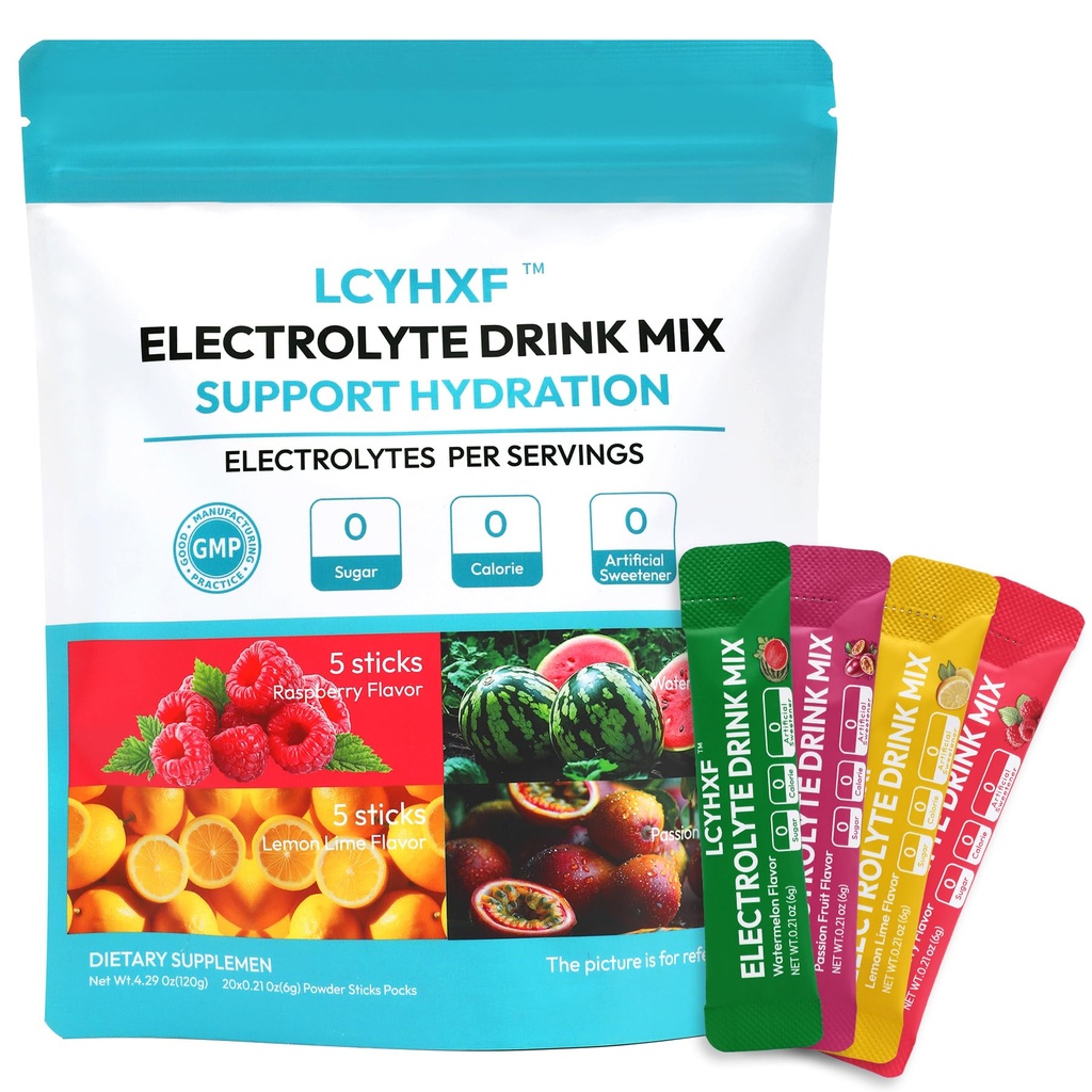 Electrolytes Powder Packets | Sugar Free, 0 Calorie Rapid Hydration Packets | Keto Friendly, Vegan, Non-GMO | Lemon Lime, Passion Fruit, Raspberry, Watermelon -20 Sticks