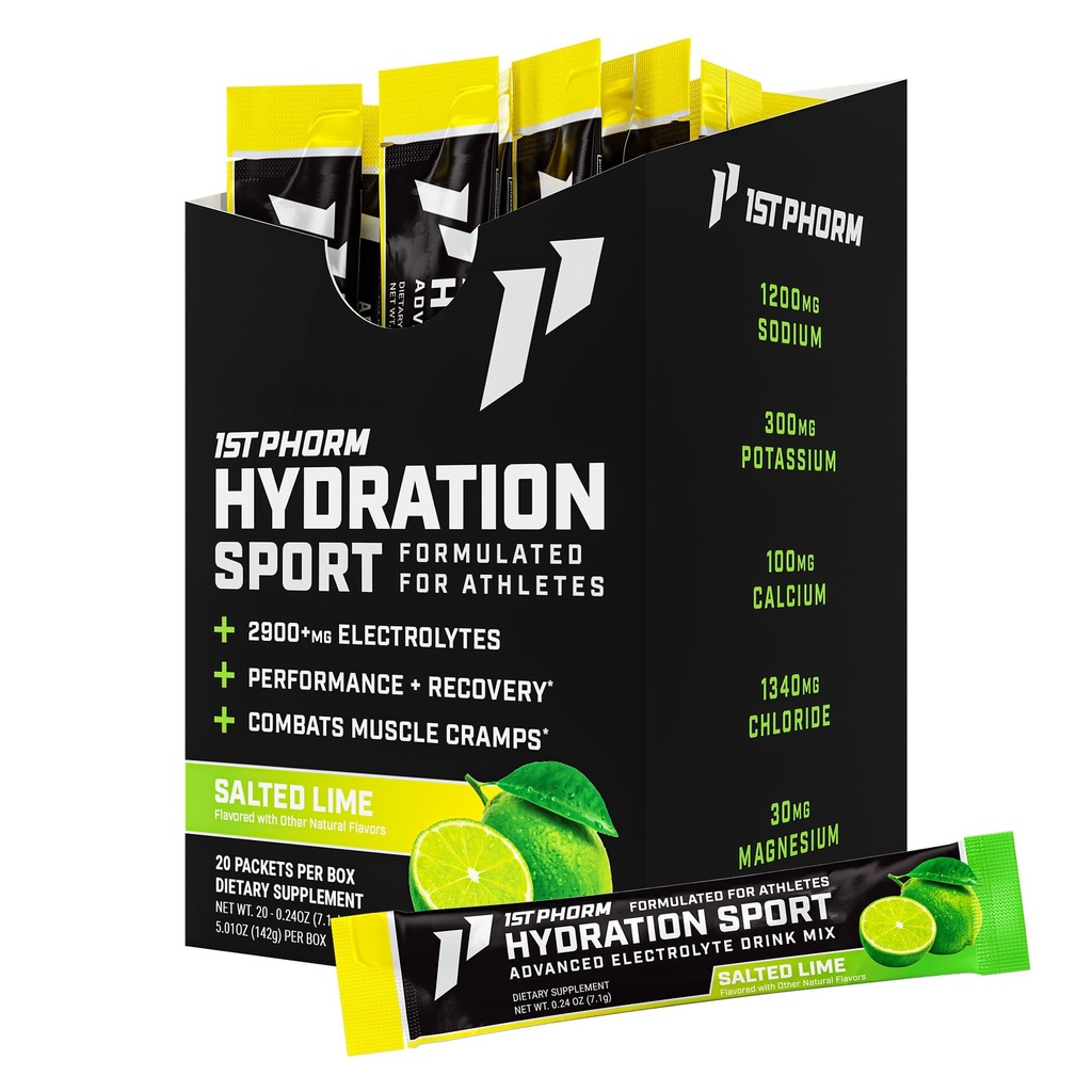 1st Phorm Hydration Sticks, Salted Lime Flavor, Electrolyte Powder Drink Mix with Vitamin D and Calcium, Sugar Free On the Go Travel Packets, Daily Electrolytes and Workout Support, 20 Count