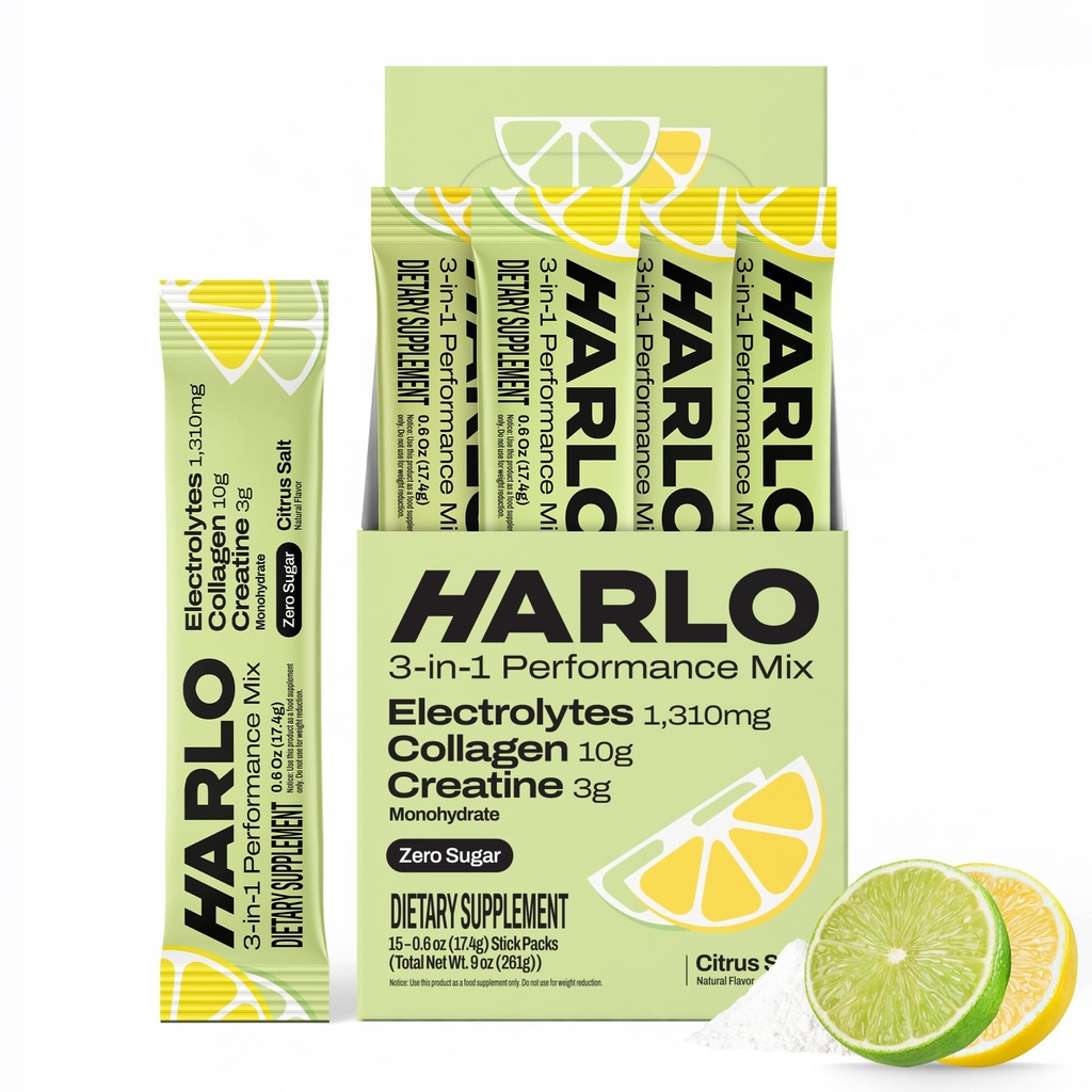 Harlo 3-in-1 Electrolytes Powder with Collagen & Creatine – Hydration, Muscle & Joint Support | Zero Sugar | Citrus (Lemon Lime) Salt | 15 Stick Packs