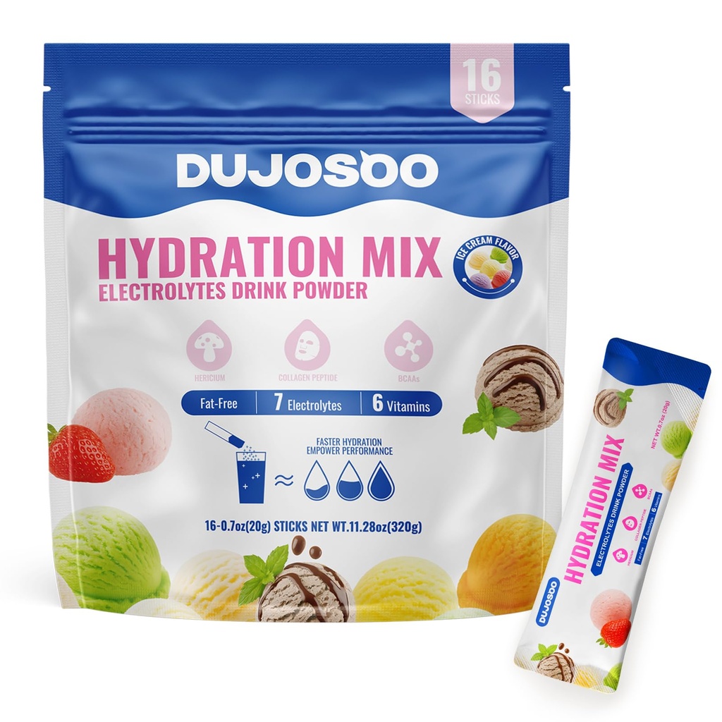 Electrolyte Powder, Sugar Free Ice Cream Flavor, 7 Electrolytes & 6 Vitamins, with Lion's Mane, Collagen, BCAA, Keto Friendly, Vegan, Non-GMO, 11.28oz(16 Sticks)
