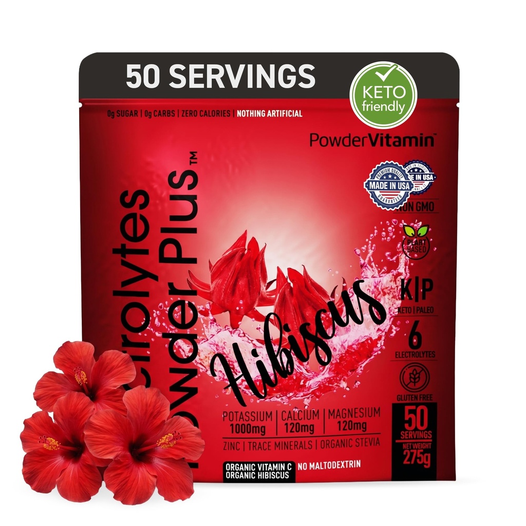 Electrolytes Powder Plus (50 Servings), 0 Calorie Keto, 0 Sugar, No Maltodextrin,1000mg Potassium,120mg Calcium,120mg Magnesium, Hydration Powder (50 Servings, Hibiscus)