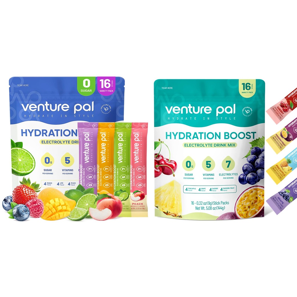 Venture Pal Sugar Free Electrolyte Powder Packets - Liquid Daily IV Drink Mix for Rapid Hydration & Party Recovery | 5 Vitamins & 7 Electrolytes| Keto Friendly | Non-GMO | Certified Vegan | 16 Sticks