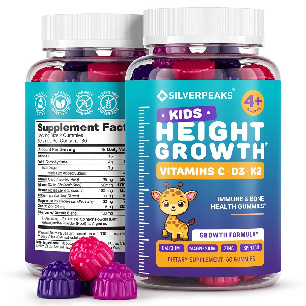 Größe Wachstumsgummis für Kinder - Wachstum Vitamine für Jugendliche, Höhe erhöhen Multivitamin für Jungen & Mädchen mit Calcium Vitamin D C K2 Magnesium Zink, natürliche Größe Wachstums-Maximal-Ergänzung, 60 PCS