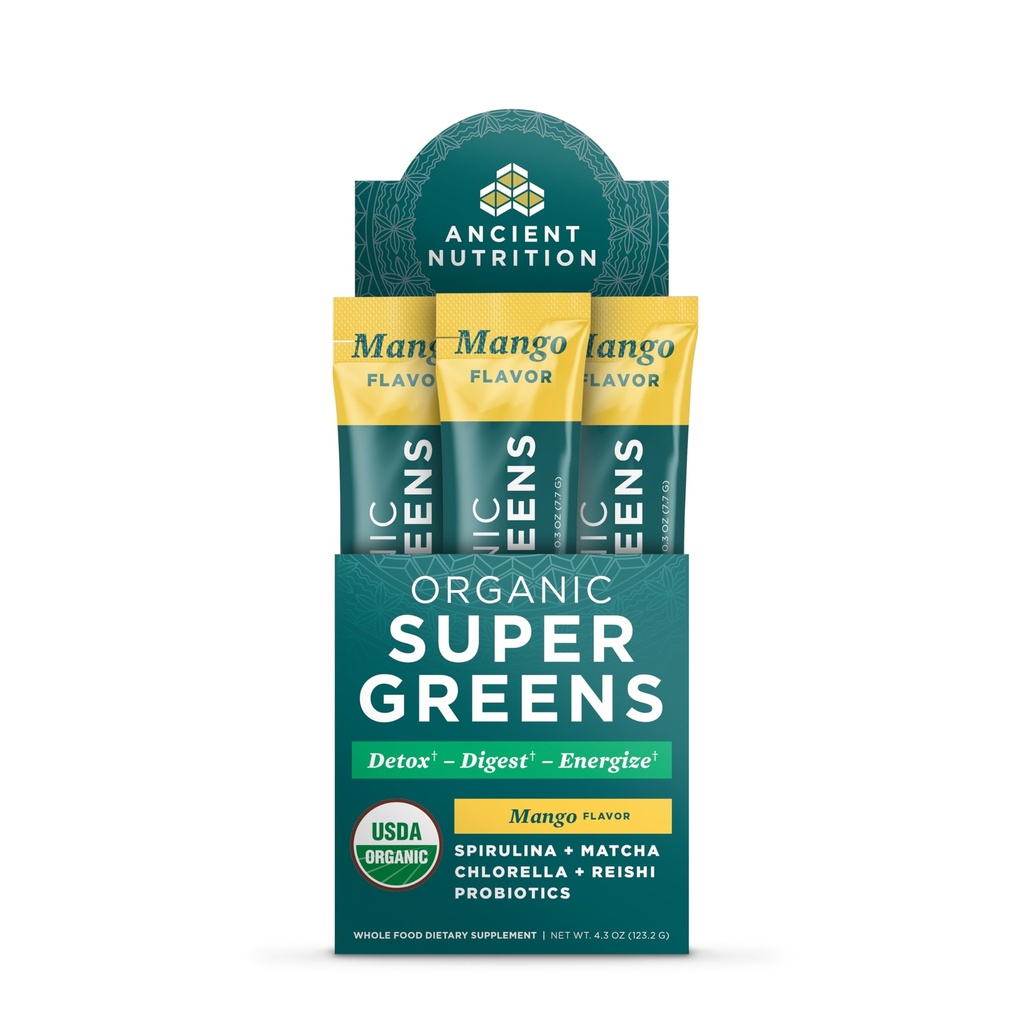 Ancient Nutrition SuperGreens Powder with Probiotics, Organic Mango Flavor Greens, Made from Real Fruits, Vegetables and Herbs, Digestive and Energy Support, 16 Stick Packs, 4.3oz