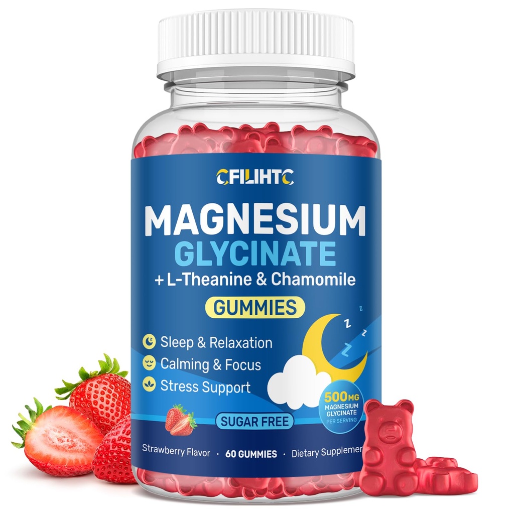 Magnesium Glycinate Gummies 500mg with L-Theanine & Chamomile for Calm, Sleep, Stress Relief, Sugar Free, Vegan, Non-GMO - Strawberry Flavor, 60 Count