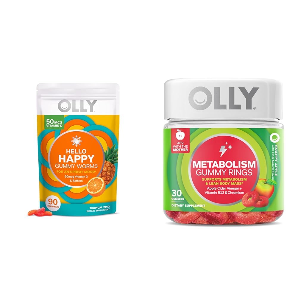OLLY Hello Happy Gummy Worms, Mood Balance Support, Vitamin D, Saffron, Adult Chewable Supplement & Metabolism Gummy Rings, Apple Cider Vinegar, Vitamin B12, Chromium, Energy and Digestive Health