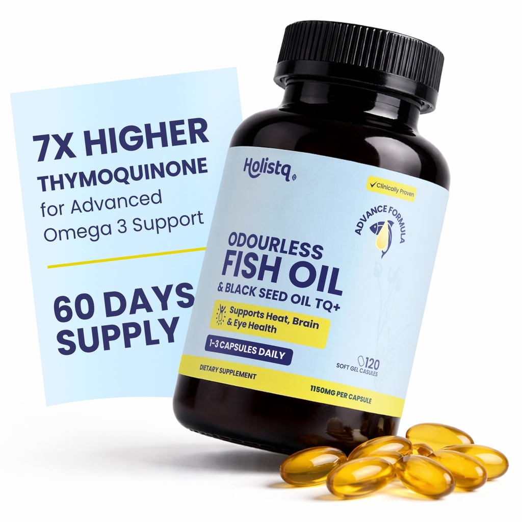 Odorless Fish Oil & Black Seed Oil Organic Cold Pressed Capsules with 5% Thymoquinone, Nigella Sativa Black Seed Extract and Omega 3 6 9 for Daily Immune Support, Non-GMO 120 Softgels