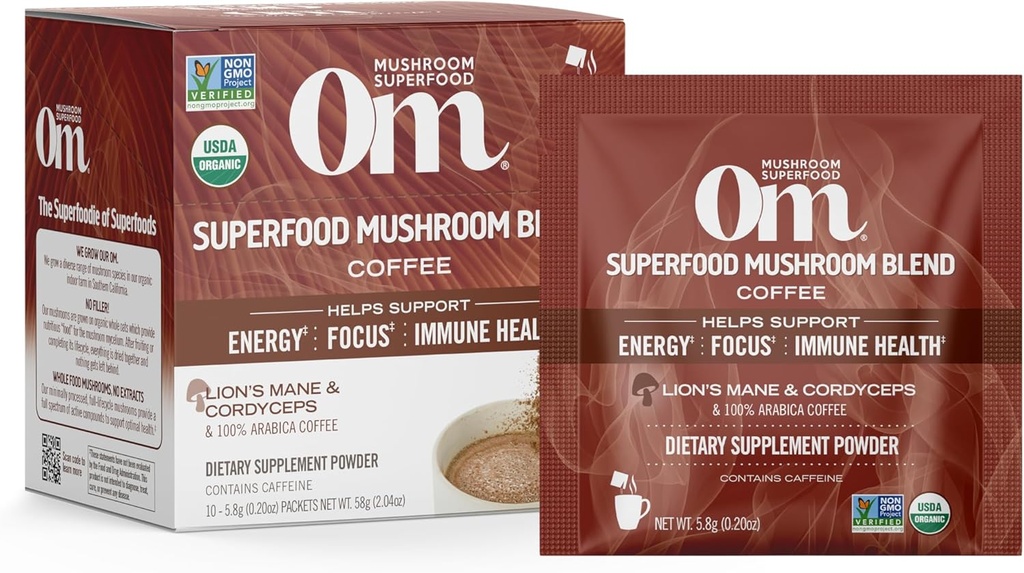OM MUSHROOM SUPERFOOD Coffee Blend – Bio Arabica mit Lion’s Mane, Cordyceps, Reishi, Turkey Tail & Ginkgo Biloba – Unterstützt Energie, Fokus & Mental Clarity – Single Serve Pack (10 Count)