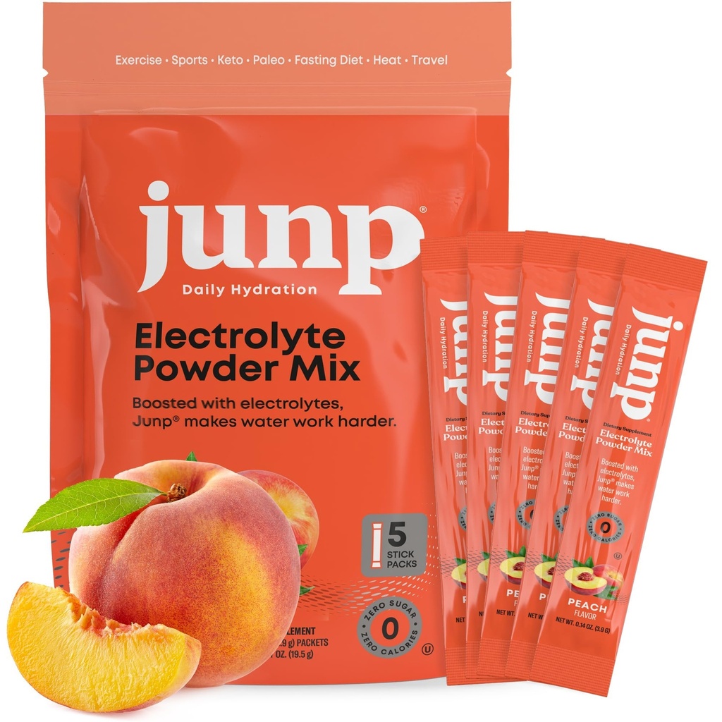 JUNP Sugar Free Electrolytes Powder Packets for Water Instant Hydration Packets with Salt & Potassium, Zero Calorie, No Carbs No Sugar Electrolyte Drink Mix Sticks, Keto Friendly, Juicy Peach 5 Pack