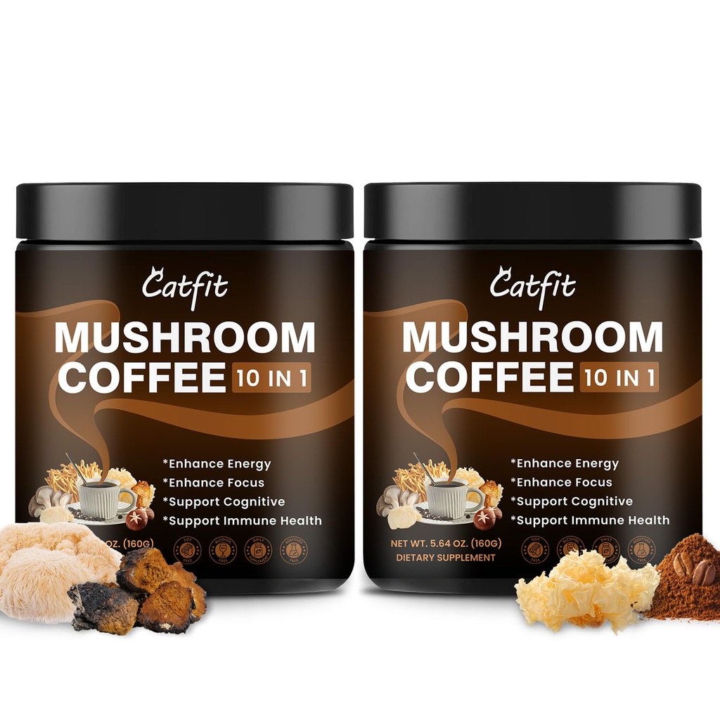 Catfit Instant Mushroom Coffee Powder, 10-in-1 Adaptogen Blend with Lion's Mane, Chaga & Cordyceps for Energy, Focus, Gut Health & Immune Support - 320g, 100 Servings