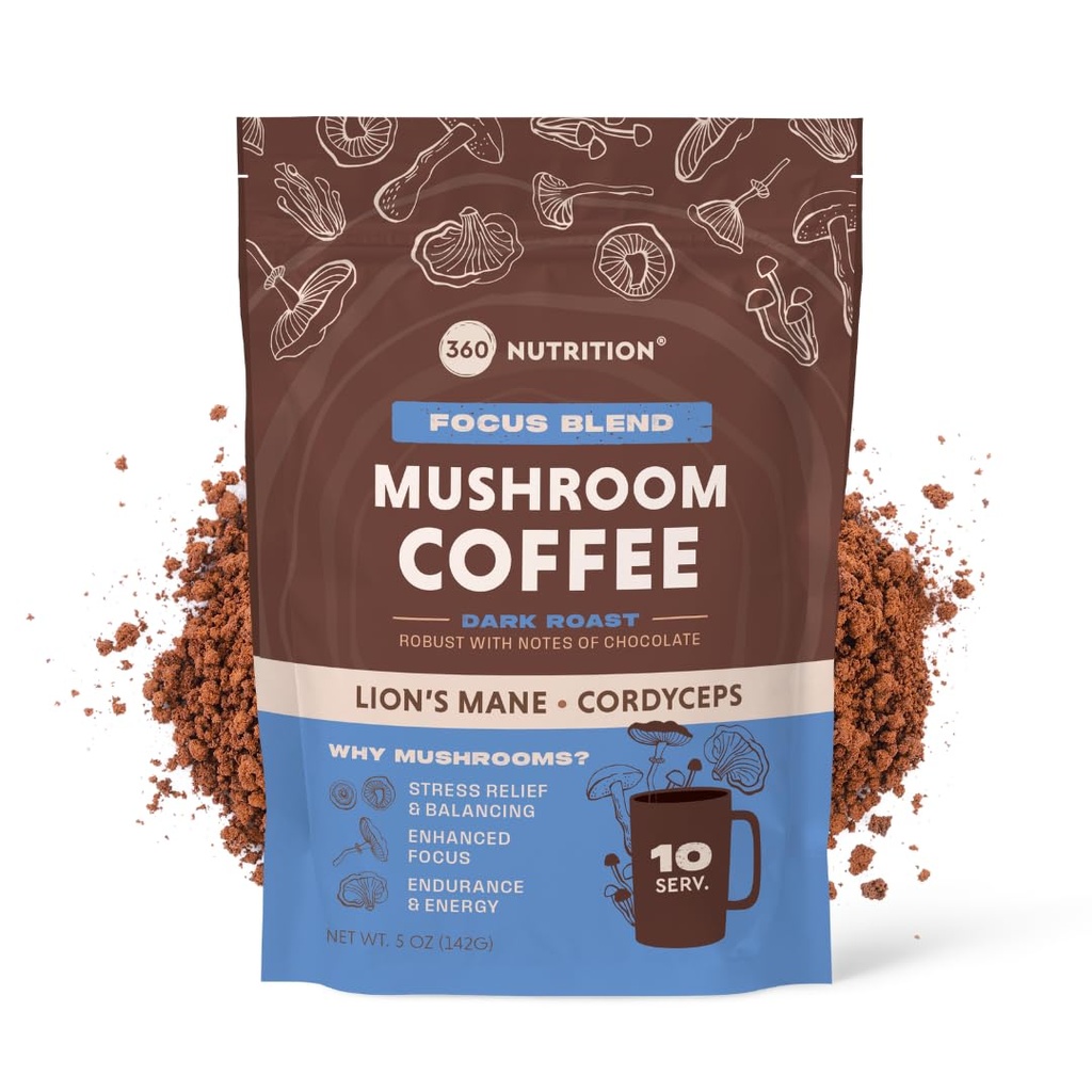 360 Nutrition Instant Mushroom Coffee with Cordyceps, Lion’s Mane Superfood Mushrooms and Ashwagandha for Cognitive Balance, Memory and Focus | Dark Roast, No Added Sugar 5 oz (Focus Blend)