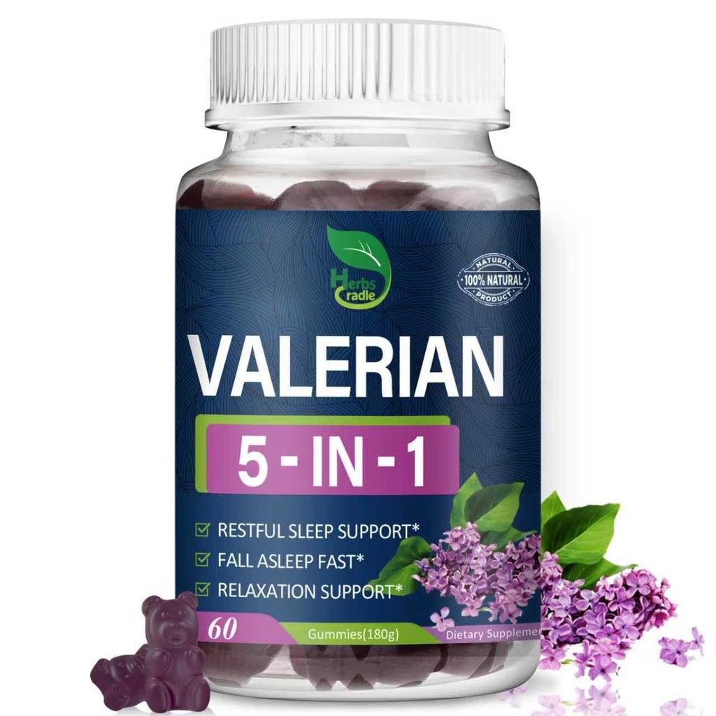 Valerian Root Extract Gummies for Natural Sleep Support, 5-in-1 Herbal Supplement for Calm & Relaxation w/Lavender and More, Alternative to Valerian Powder Capsules. 60 Count