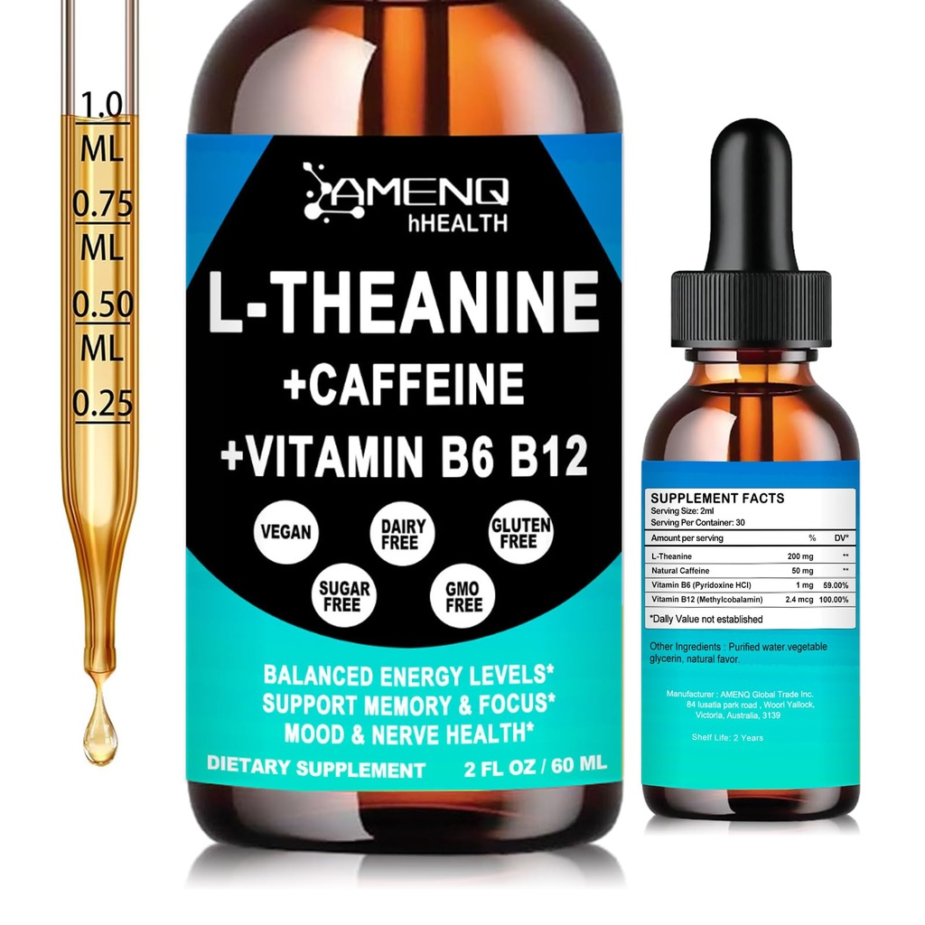 L Theanine Caffeine Supplement Organic Liquid Drops for Women & Men | Focused Energy Supplement with L-Theanine 200mg and 50mg Natural Caffeine + Vitamin B6 & B12 | Vegan | Non-GMO | Gluten Free