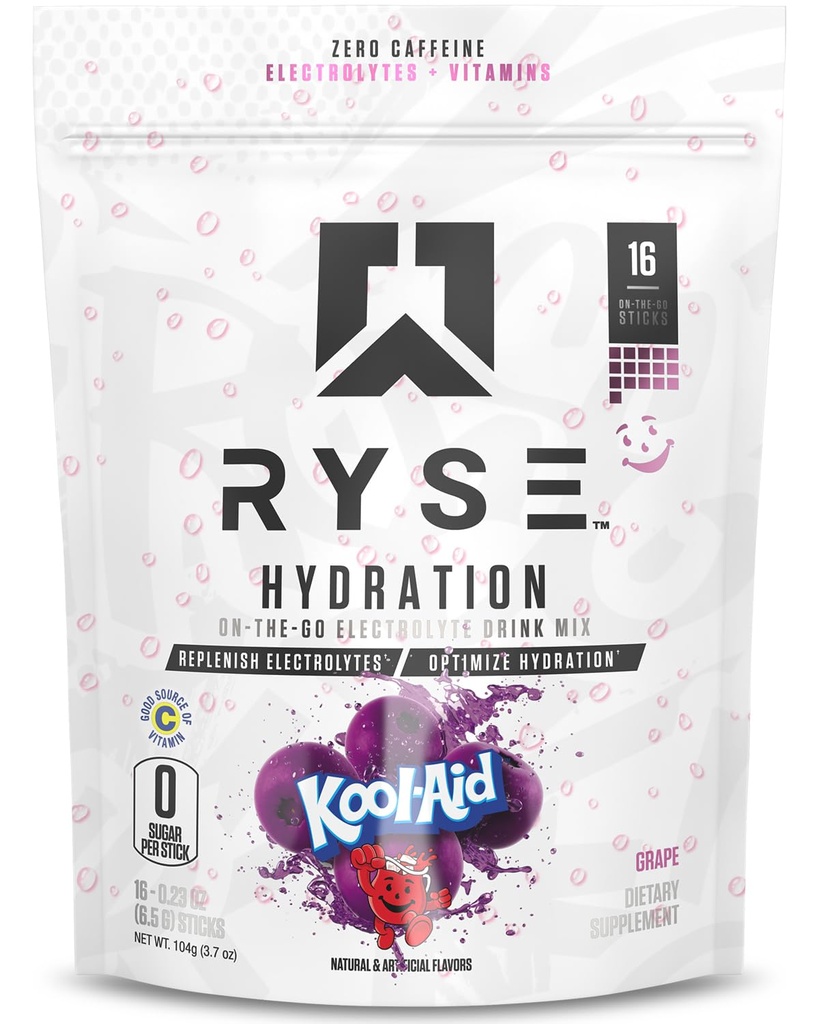 RYSE Hydration Electrolyte Powder Drink Mix Packets - Kool-Aid Grape - Sugar-Free Full Spectrum Electrolytes with Essential Vitamins, Taurine and Choline for Rehydration - 16 Serving Sticks