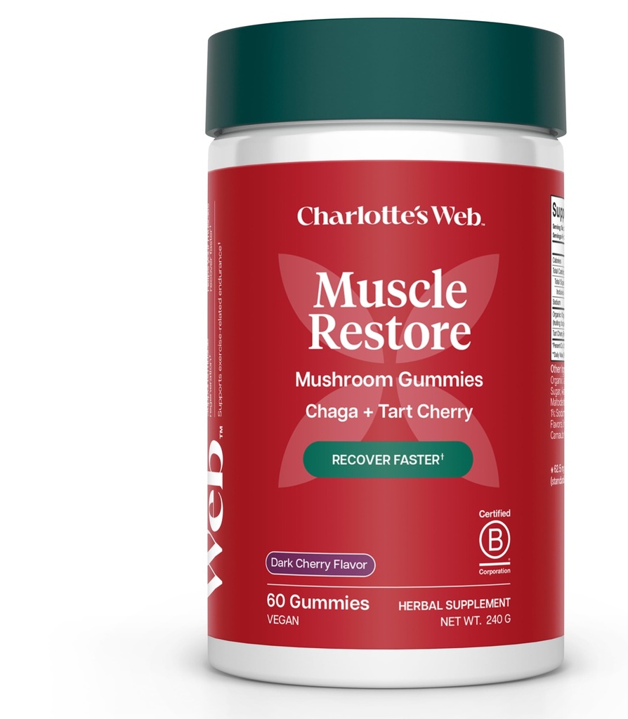 Charlotte's Web Muscle Restore Mushroom Gummies for Adults — Chaga & Tart Cherry Supplement for Muscle Recovery and Fatigue — Vegan, Kosher, Non-GMO (Dark Cherry Flavor, 30 Servings)