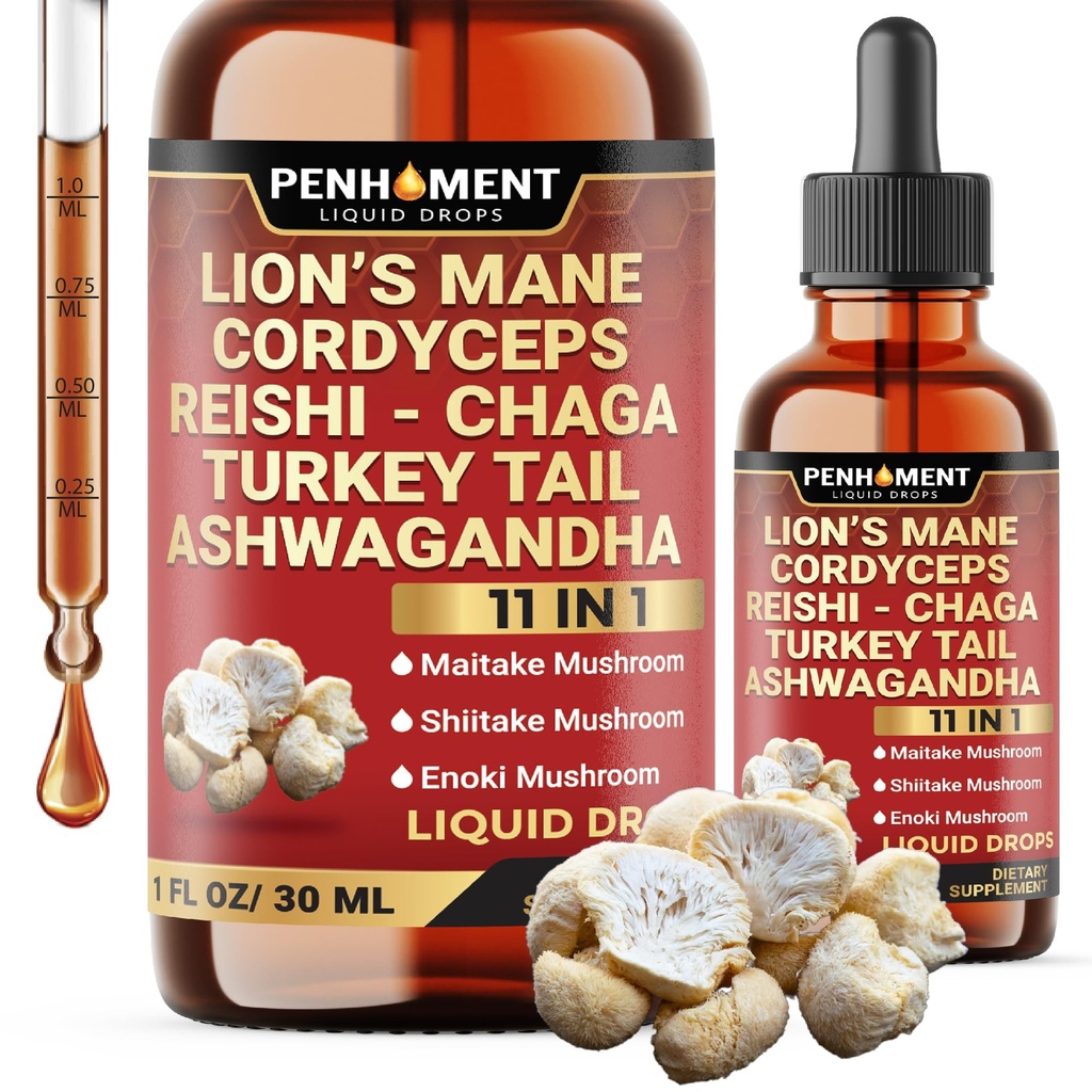 11in1 Mushroom Liquid Drops with Lions Mane Tincture, Ashwagandha, Turkey Tail, Cordyceps, Reishi, Chaga, Shitake, Maitake, Agaricus, Oyster Mushrooms - 1FL Oz - 30 Day Supply
