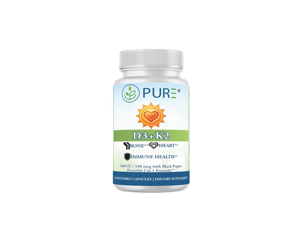 PURE® Vitamin D3 + K2 (MK-7) Supplement - 5000 IU (125mcg) D3 & 100mcg K2-60 Vegetable Capsules - with BioPerine® for Maximum Absorption - Immune, Bone & Heart Health Formula - Made in USA