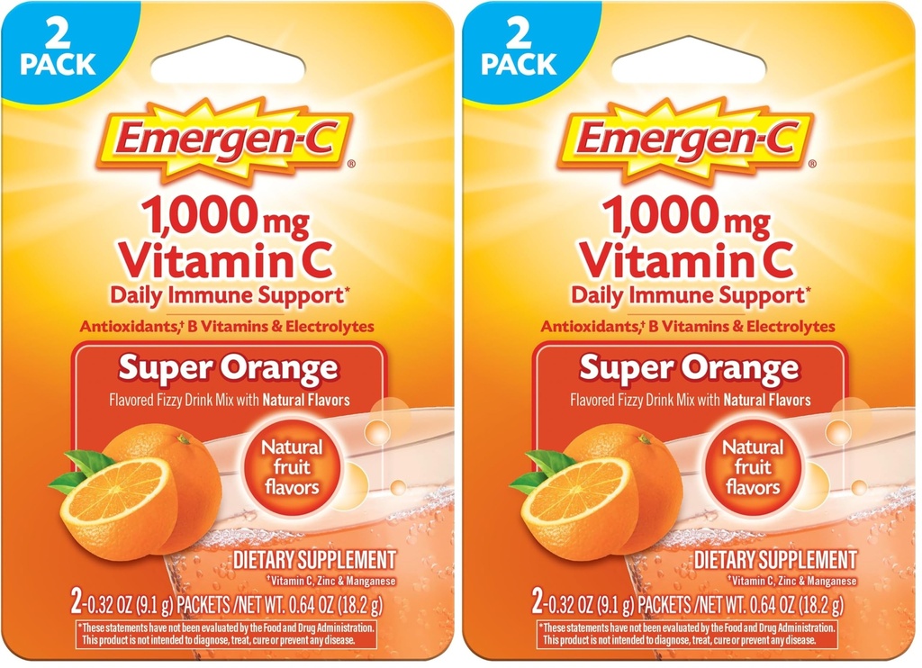 Emergen-C 1000mg Vitamin C Powder for Daily Immune Support Caffeine Free Vitamin C Supplements with Zinc and Manganese, B Vitamins and Electrolytes, Super Orange Flavor - 2 Count (Pack of 2)