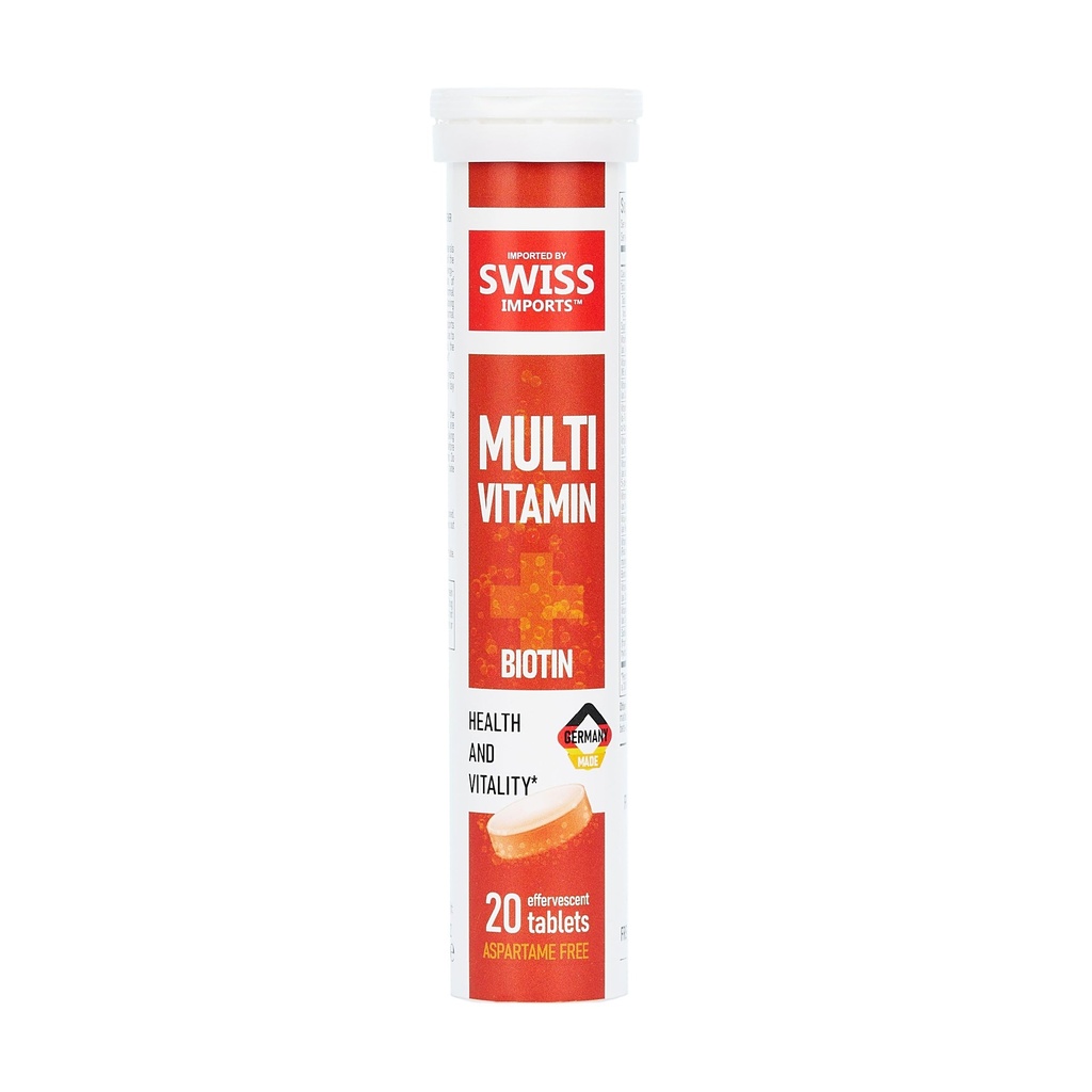 Effervescent Multivitamins + Biotin for Wellness and Vitality Dietary Supplement with Vitamins C, E, B1, B2 B6, B12, A, and D3, 20 Tablets