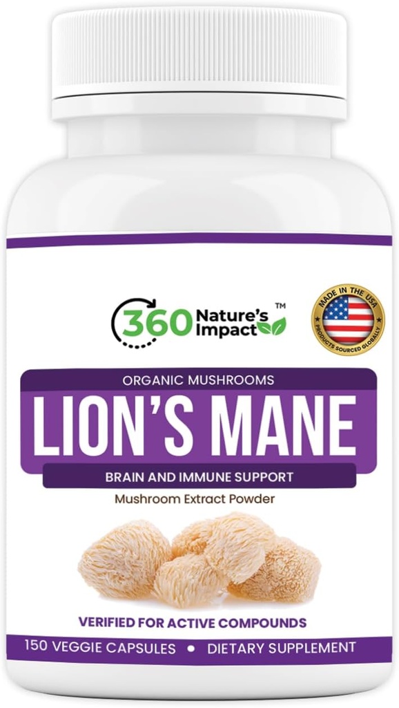 360 Nature's Impact Lions Mane Mushroom Supplement Kapseln (150 Kapseln) für Brain Health Support Supplement, Organic Supplement mit Beta-Glucans & Hypromellose für kognitives System