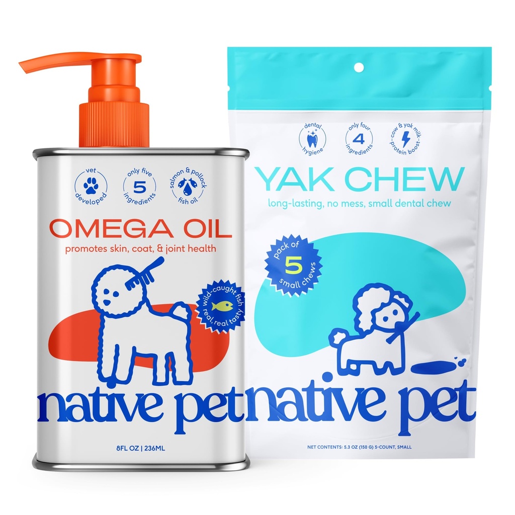 Native Pet Omega Öl für Hunde - Fischöl Ergänzungen 8 Oz & 5 kleine Yak-Schuhe für Hunde | Weide-Raised and Organic Yak Cheese Himalayan Churpi Sticks