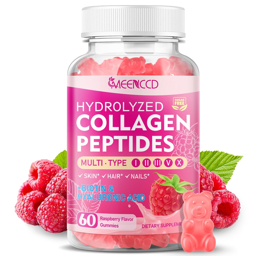 MEENCCD Hydrolyzed Collagen Peptides Gummies for Women & Men, Multi-Collagen Type I,II,III,V,X with Biotin, Hyaluronic Acid, Zinc, Vitamin C, E - Skin, Hair, Nails, Raspberry Flavor, 60 Count