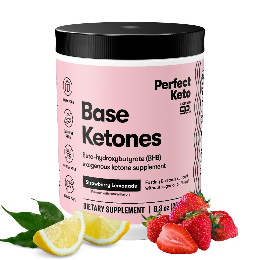 Perfect Keto Exogenous Ketones Powder, goBHB Salts Supplement for Ketosis & Fasting, Electrolytes for Hydration, Caffeine Free Energy, Keto Diet, Focus & Workout Support, Strawberry Lemonade, 8.57 oz