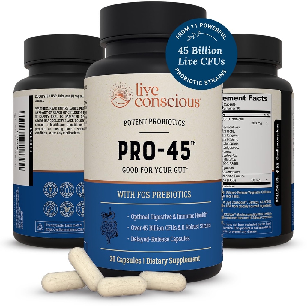 Live Conscious PRO45 Probiotics for Women & Men: Umfassende Formel, 45 Billion CFU, 11 Strains, Dairy Free - w/Prebiotics and Probiotics - Fördert Immune & Gut Health - 30 Veggie Caps