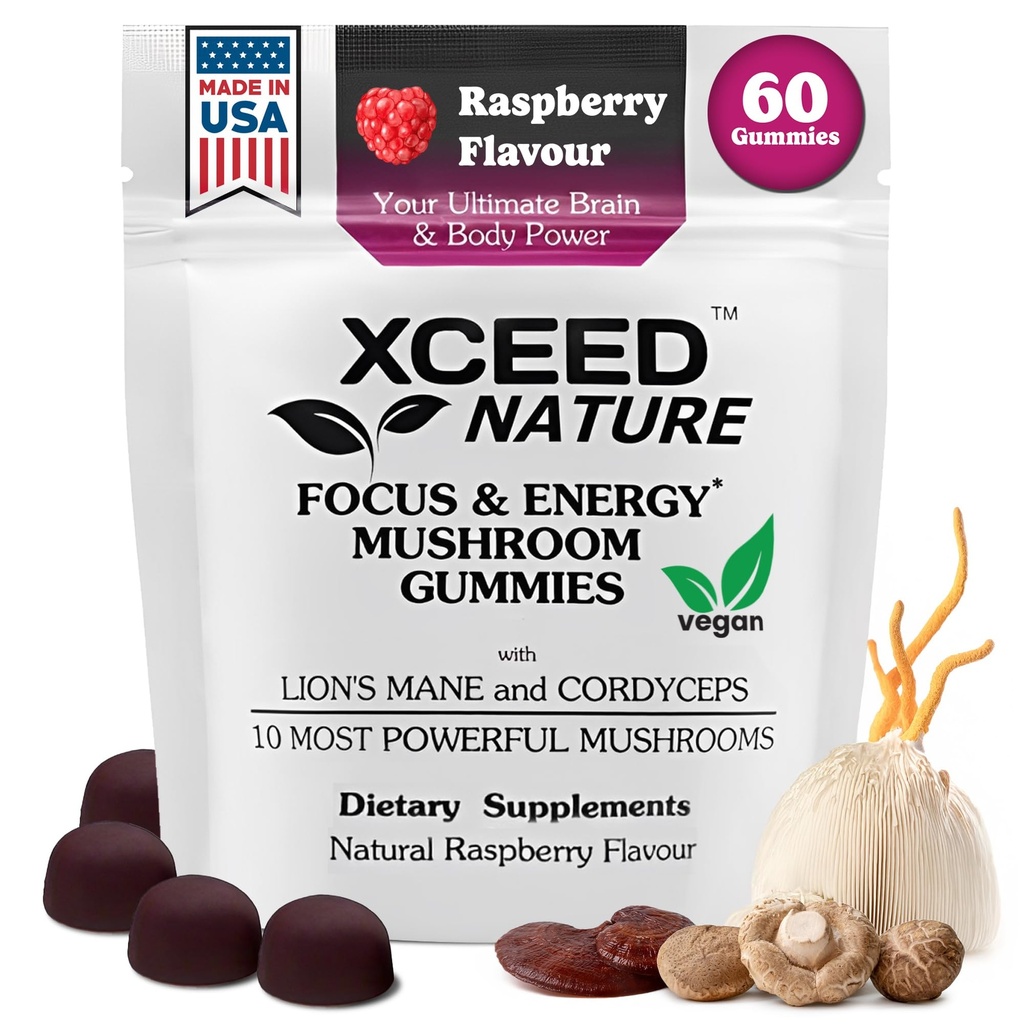 Lions Mane & Cordyceps Mushroom Gummies - 10in1 Supplement - for Focus, Energy, Mood, Memory & Clarity - 60 Pcs