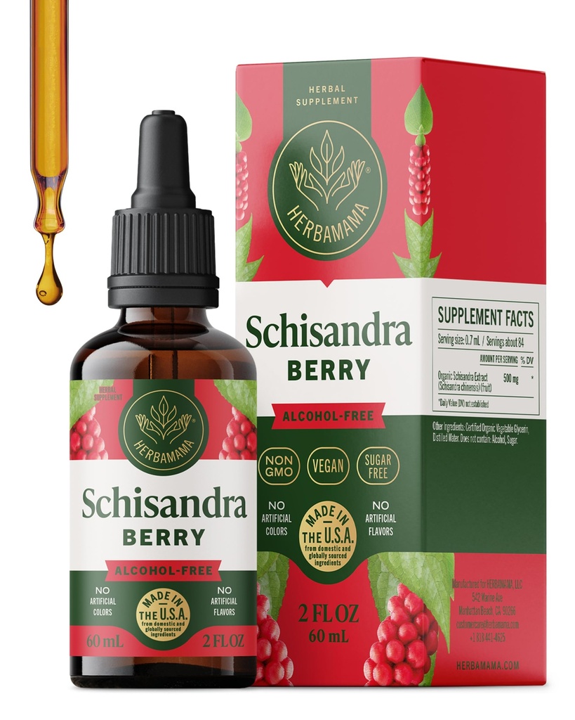HERBAMAMA Schisandra Berry Supplement – Schisandra Extract for Stress Relief Support & Cortisol Support – Vegan, Non-GMO, Alcohol & Sugar-Free Calm Supplement, 28-Day Supply