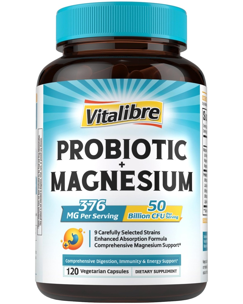 Vitalibre Probiotic with Magnesium Complex for Women Men, 50 Billion CFU, 9 Strains, Magnesium Glycinate Citrate Malate for Digestion, Immunity, Bone, Energy & Recovery, 120 Vegan Capsules, Non-GMO