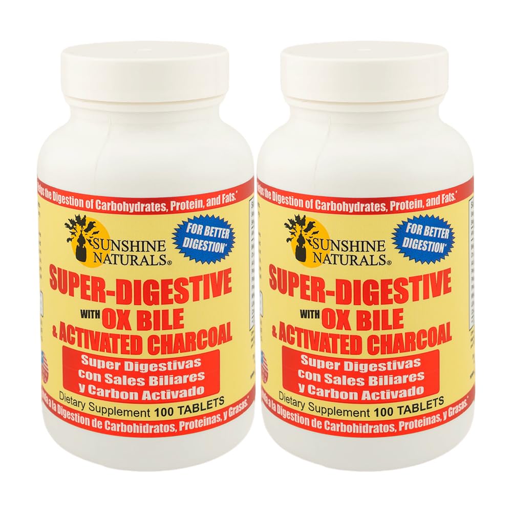 Sunshine Naturals Super Verdauungsergänzung. Ox Bile & Activated Charcoal für Verdauungshilfe, Bloating Relief, Gut Cleanse, Nährstoffaufnahme und Gesamt-Wellness. 100 Tabletten. Pack von 2