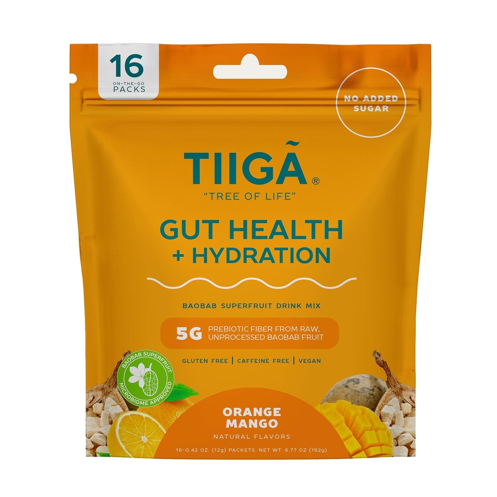 Tiiga Gut Health - Prebiotic Fiber & Baobab Drink Mix - Orange Mango Electrolyte Powder - Hydration Powder - No Sugar Electrolytes - Digestive Support & Regularity - 16 Pack Bag