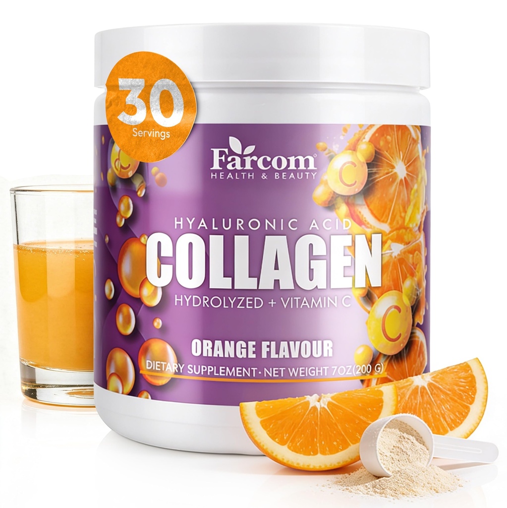 Farcom Collagen Peptides Powder with Hyaluronic Acid, Biotin, Vitamin C & Magnesium – 6,000mg Hydrolyzed Collagen – Orange Flavor Drink Mix – Supports Skin, Hair, Nails & Joints – 30 Servings