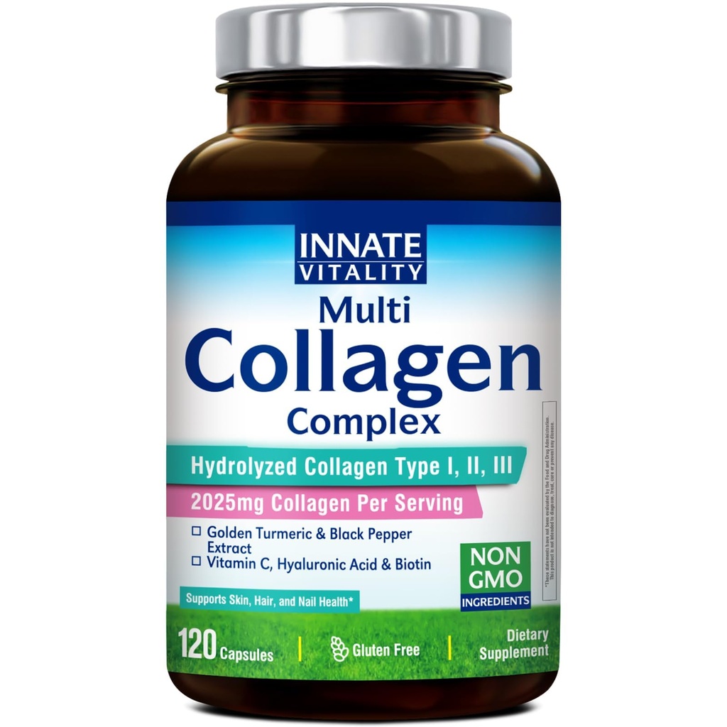 Innate Vitality Multi Collagen Peptides, Type I, II, III, Vitamin C, Biotin, Hyaluronic Acid & Turmeric, 2025mg Hydrolyzed Collagen for Women & Men, Skin, Hair & Nail Support, 120 Capsules