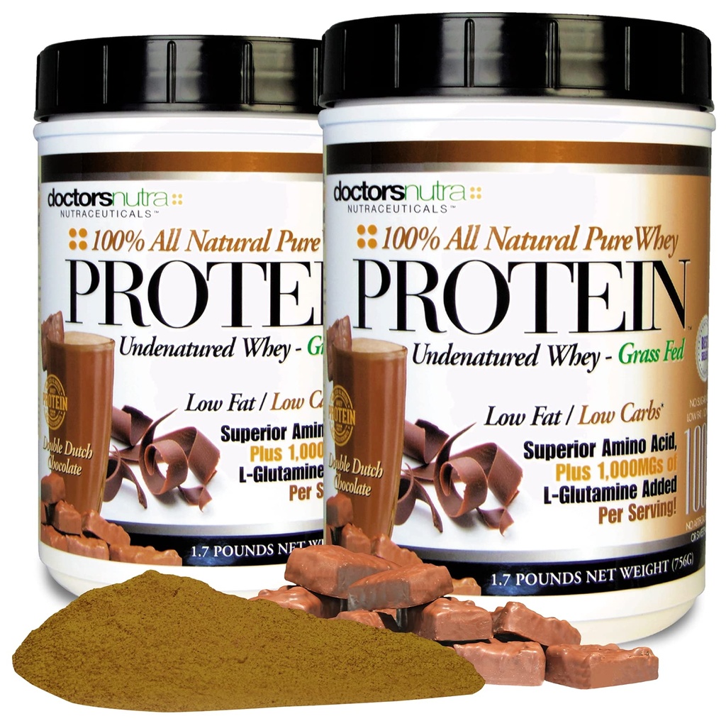 (Pack of 2) Pure 100 Percent - Undenatured Grass Fed Whey Protein, Double Dutch Chocolate Flavor, Natural Ultrafiltered Plus 1000 Milligrams L-Glutamine